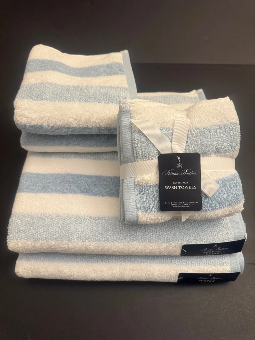 8pc BROOKS BROTHERS Cotton Oversized Light Blue & White Stripe Bath Towel Set